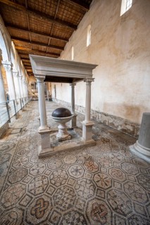 Baptismal font, detailed floor mosaic with geometric patterns, Basilica di Santa Maria Assunta,