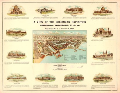 Detailed bird's-eye view of the World's Columbian Exposition in Chicago from 1893. The map was