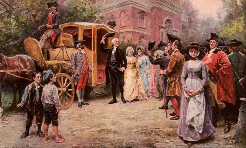 The painting depicts the first US President, George Washington, on his arrival at Christ Church in