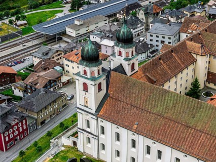 Aerial view of monastery Disentis, village Disentis, Switzerland