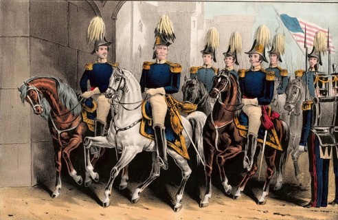 General Winfield Scott in military uniform with a distinctive plumed hat on horseback. The Battle