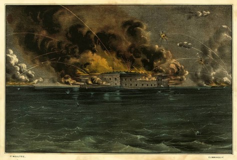 The shelling of Union-held Fort Sumter in Charleston Harbor, South Carolina by Confederate troops.