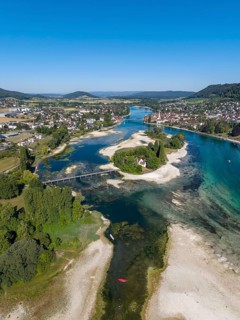 Aerial view of the Werd archipelago in the westernmost part of Lake Constance, historic low level