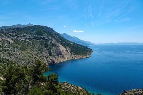 Clear blue sky over mountains and coast with clear sea, quiet atmosphere, Pisak, Split-Dalmatia