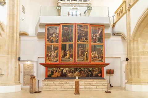 Altar in the interior of the Lutheran parish church in Sibiu or Sibiu, Transylvania, Romania