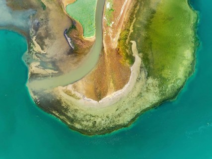 Aerial view, top-down view of the mouth of the Stockacher Aach at low tide flowing into Lake