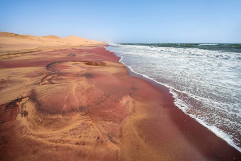 Sandy beach beach with pink sand, Atlantic coast in the Namib Desert, Sandwich Harbour, Namib