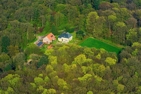 Aerial view of the forester house in Herenholz in the district of Vechta, forest, Oldenburger
