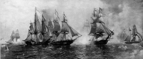 Depiction of the Battle of Lake Erie (10 September 1813) during the War of 1812. The illustration
