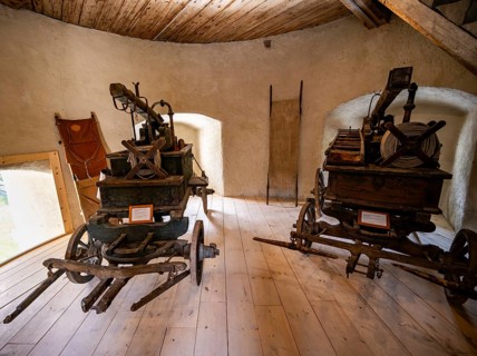 Historic fire trucks with fire hoses, Hohenwerfen Fortress, Werfen, Pongau, Salzburger Land,