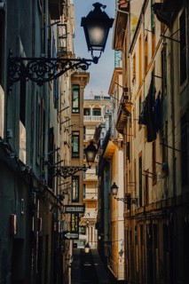 Narrow old town alleyway in San Sebastian, Basque Country, Spain