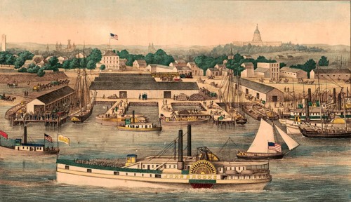 Bird's Eye View of Sixth Street Wharf, Washington, D.C, 1863. The depiction shows the bustling