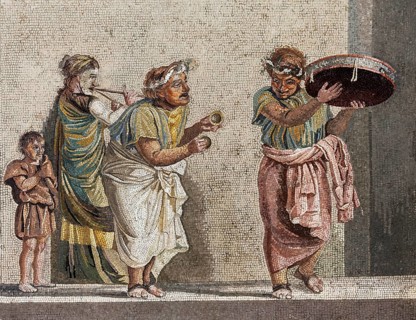 Roman street musicians with masks, colored mosaic from the Villa of Cicero, Herculaneum, Naples