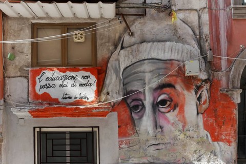 Wall painting by Neapolitan film comedian Totò, Antonio De Curtis, street art at Quartieri