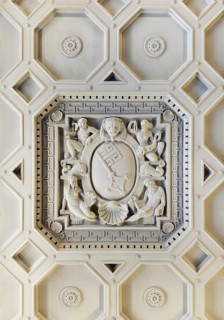 View from bottom to top of the stucco ceiling of the ballroom with Bremen key in the New Bremen