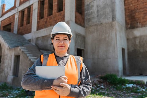 Woman stands on a construction site. She wears a hard hat and an orange safety vest, holding a