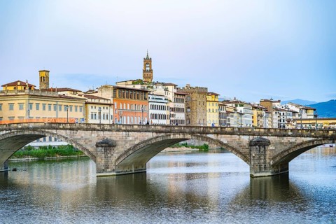 Promenade at arno river at sunset, Florence, UNESCO World Heritage Site, Tuscany, Italy
