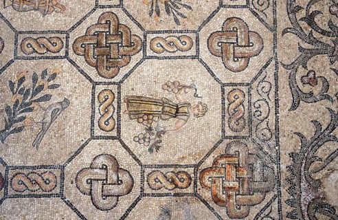 Detailed floor mosaic with geometric patterns and representations of people and animals, Basilica