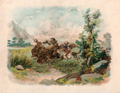 Bison hunt in the American West: Indigenous horsemen and hunters pursue and hunt a herd of American