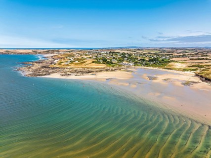 View of River Camel Estuary from a drone at low tide over Padstow and Rock, Cornwall, England,
