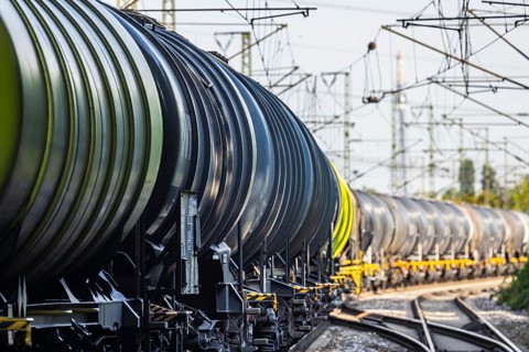 Freight train with tank car on the Schusterbahn, a bypass of Stuttgart Central Station. The route