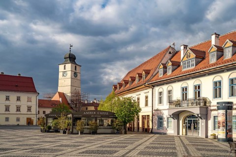 The Pia?a Mare Grand Ring Square with the Council Tower in the old town of Sibiu or Sibiu,