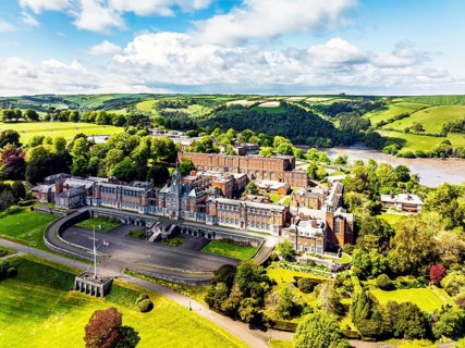 Britannia Royal Naval College from a drone, Dartmouth, River Dart, Devon, England, United Kingdom