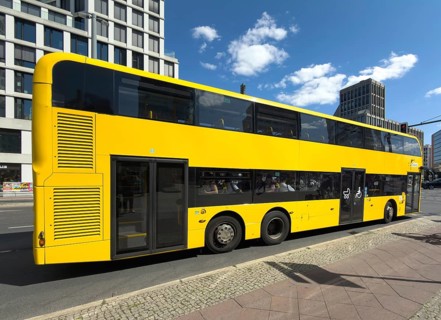 New double-decker bus from Berliner Verkehrsbetriebe at Potsdamer Platz, Berlin, Germany