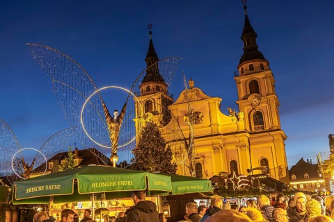 Baroque Christmas market with illuminated angels between the Protestant City Church and the