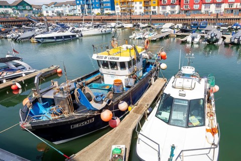 Boats at moorings including Becci of Ladram fishing boat vessel, Exmouth Quay marina, Exmouth,