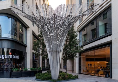 Wide view of the sculptural stainless steel canopy named Circadian by artist Lee Simmons, Marble