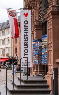 Banner of the tourist information at the Old Town Hall on Römerberg, Frankfurt, Hesse, Germany