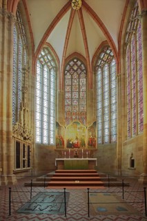High altar, chancel with colorful church windows, handicrafts, interior view, cathedral, St. John