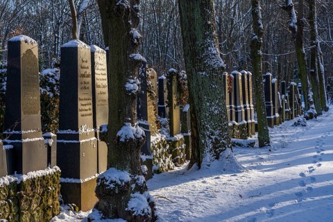 Tombstones and graves covered by snow in winter, Weissensee Jewish Cemetery, Berlin