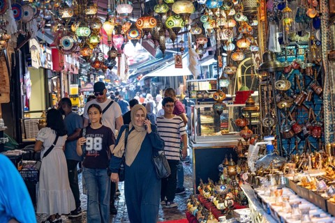 Istanbul, Turkey. August 8th 2026. A crowded market busy with local and foreign tourists shopping