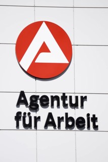 Agency for work, logo and lettering on the building façade, Hamm, North Rhine-Westphalia, Germany