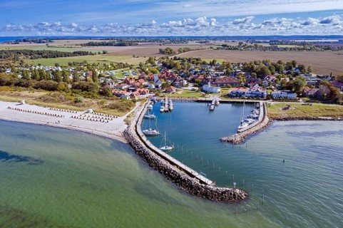 Aerial view over sailing boats and in the marina, harbour of Timmendorf Strand, Insel Poel, island