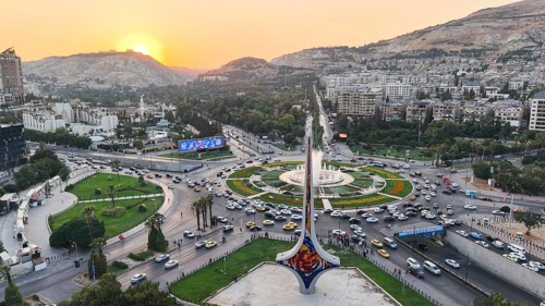 Damascus, Syria - August 14, 2026: A scenic drone view shows Umayyad Square in Damascus bathed in
