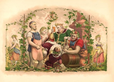 Advertising poster, beverage advertisement, poster depicts the legendary King Gambrinus as the king