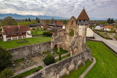 Ruin of the monastery Kerz in Carta or Kerz seen from above, Transylvania, Romania