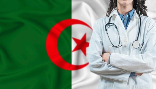 Medical professional on Algeria flag. Healthcare and wellness in Algeria, Concept