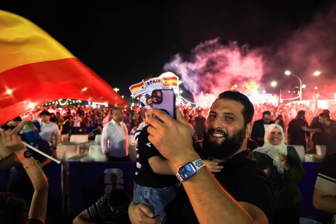 Damascus, syria - july 19, 2026: Supporters of the Spanish national football team erupt in