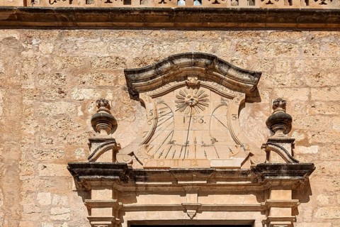 Historic sundial at the parish church of Santa Maria, Sineu, Majorca, Balearic Islands, Spain