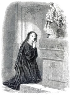 The nun from Cologne. The nun kneels on the steps in front of an altar, lost in prayer. Her gaze