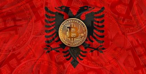 Investors in Blockchain Technology with Albania flag background. Bitcoin cryptocurrency with