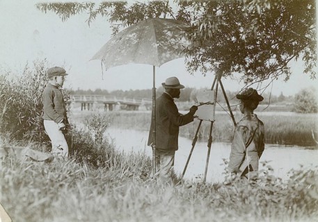 Dacher, Bavaria, artist, farmer boy, easel, landscape, An artist paints on the riverbank under a