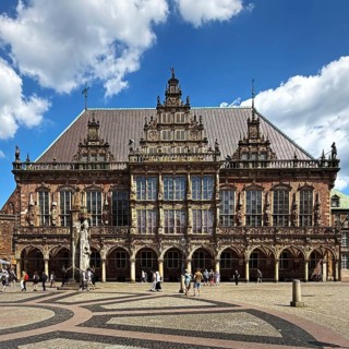 Roland with Bremen Town Hall, an important brick Gothic and Weser Renaissance building, UNESCO