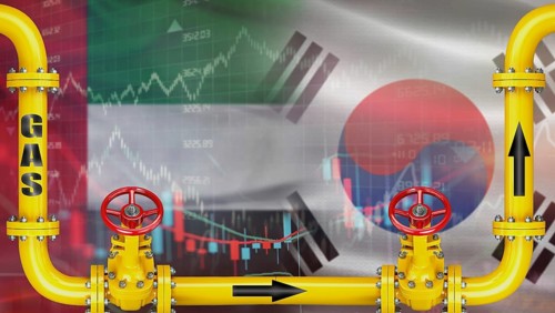 Gas exports from the United Arab Emirates to South Korea on financial chart background. Emirati gas