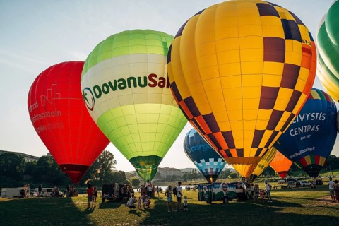 Vilnius, Lithuania, 08 05 2022: Hot air balloons in Vilnius. Multi-colored hot air balloons on the
