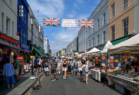 Street scene at Portobello Road Market, Notting Hill, Royal Borough of Kensington and Chelsea,